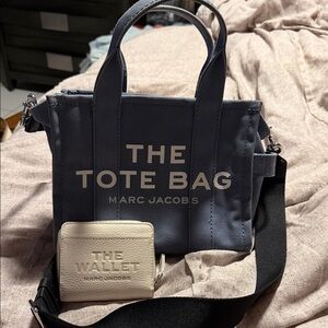 Marc Jacobs Slate Blue Canvas Mini Tote with Cream Wallet and Black Strap